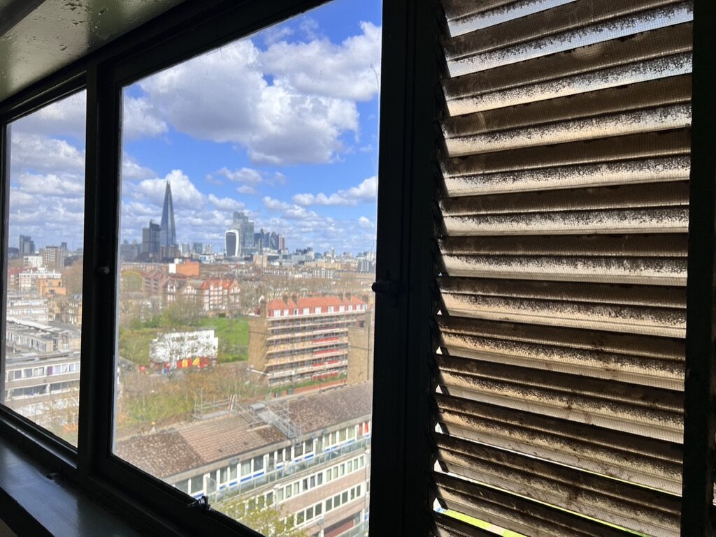 London city view framed through an interior window